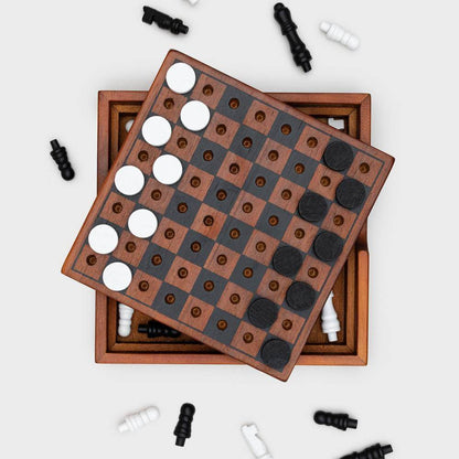 Wooden chess and checkers set with two boards and mixed dark and white pieces