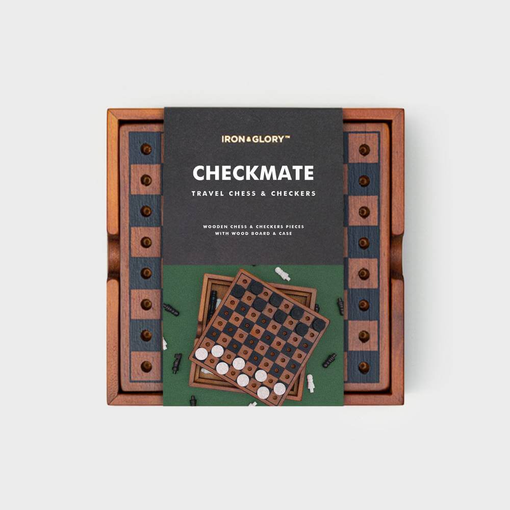 Wooden chess and checkers game set box with printed boards and pieces