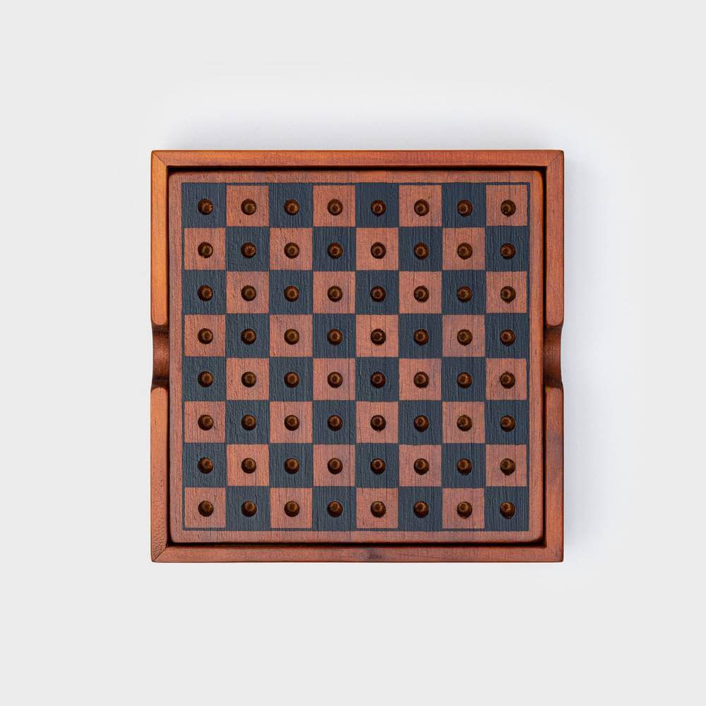 Wooden chess and checkers board set with a dark square grid and brown frame