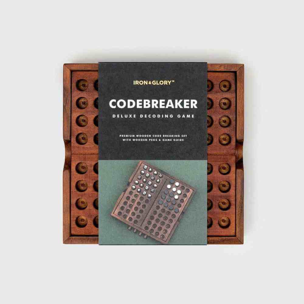 Deluxe wooden codebreaker game set with wooden board and card packaging