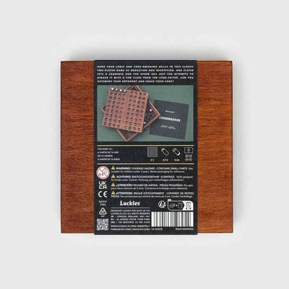 Wooden codebreaker game box back with instructions and caution icons