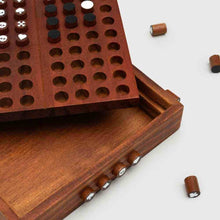 Wooden codebreaker game tray with round pegs, slots, and hinged lid
