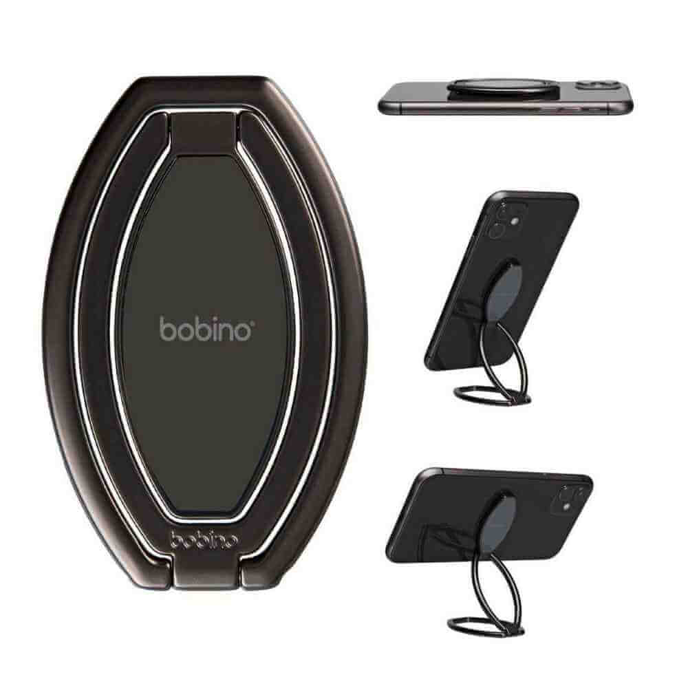 Black magnetic phone holder stand with oval base and ring grip, front view