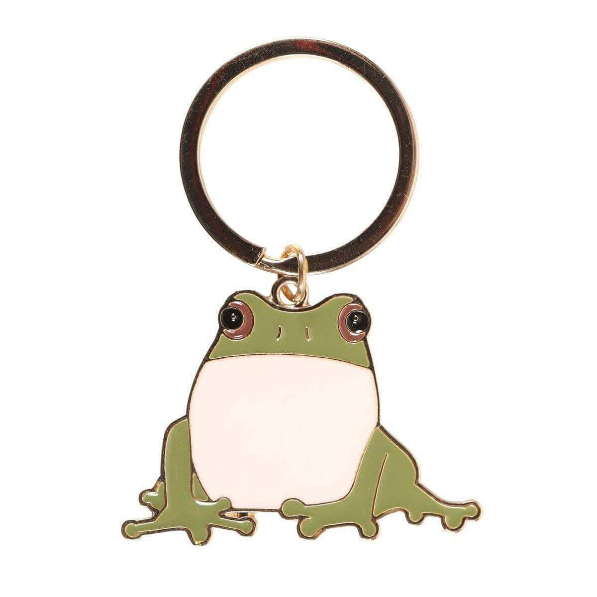 Green and cream frog keyring charm with dark round ring