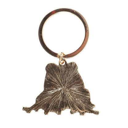 Dark round keyring with small gold-tone ginkgo leaf charm