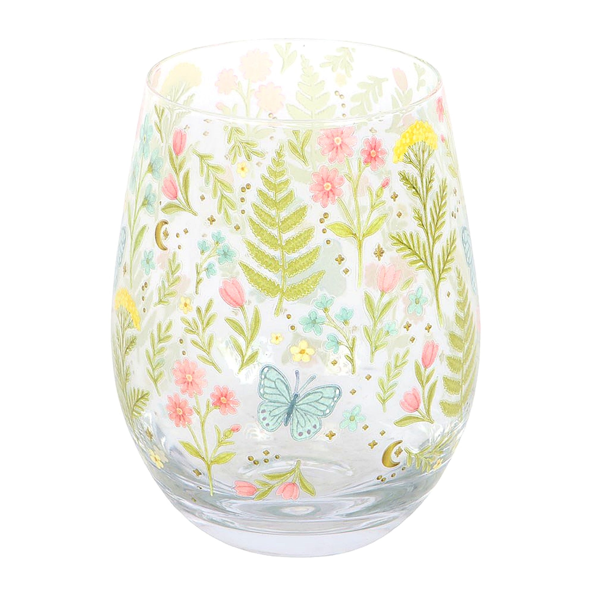 Stemless glass with pastel flowers and fern leaves, blue butterfly motif, clear body