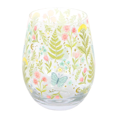Stemless glass with pastel flowers and fern leaves, blue butterfly motif, clear body