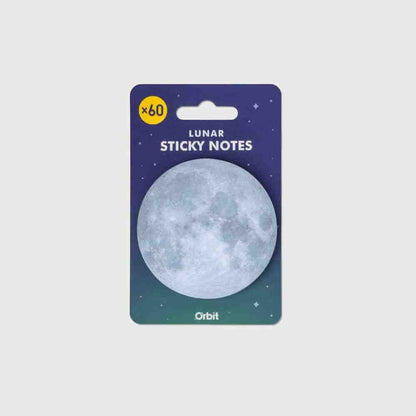 LUNAR sticky notes pack featuring a gray moon on a dark space card