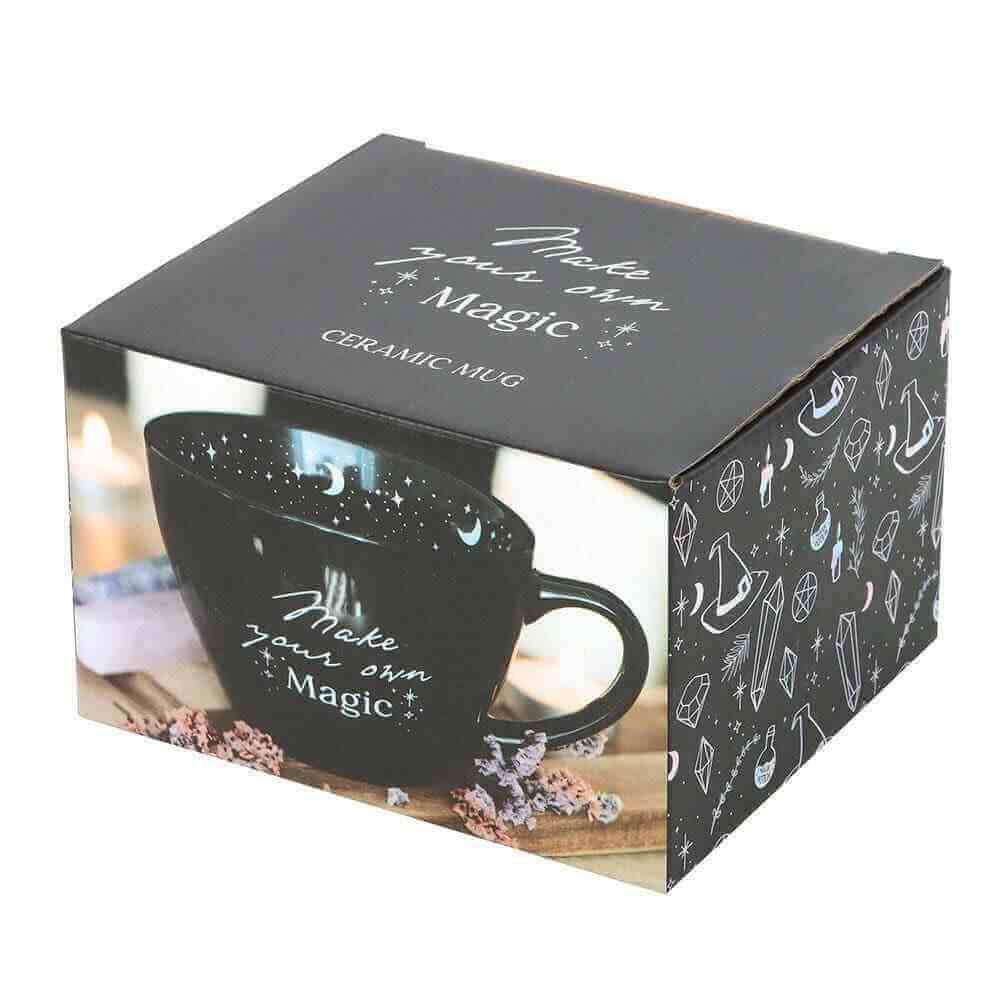 Ceramic mug in magic-themed gift box, star and moon design with "Make your own Magic"