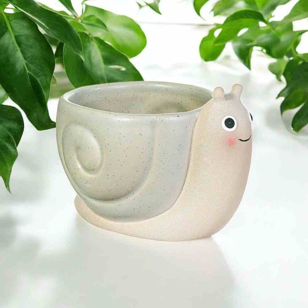 Mini snail planter with beige pot and green succulent, snail face with pink blush.