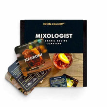 Cocktail recipe coaster set with printed drink cards, Iron & Glory branding.