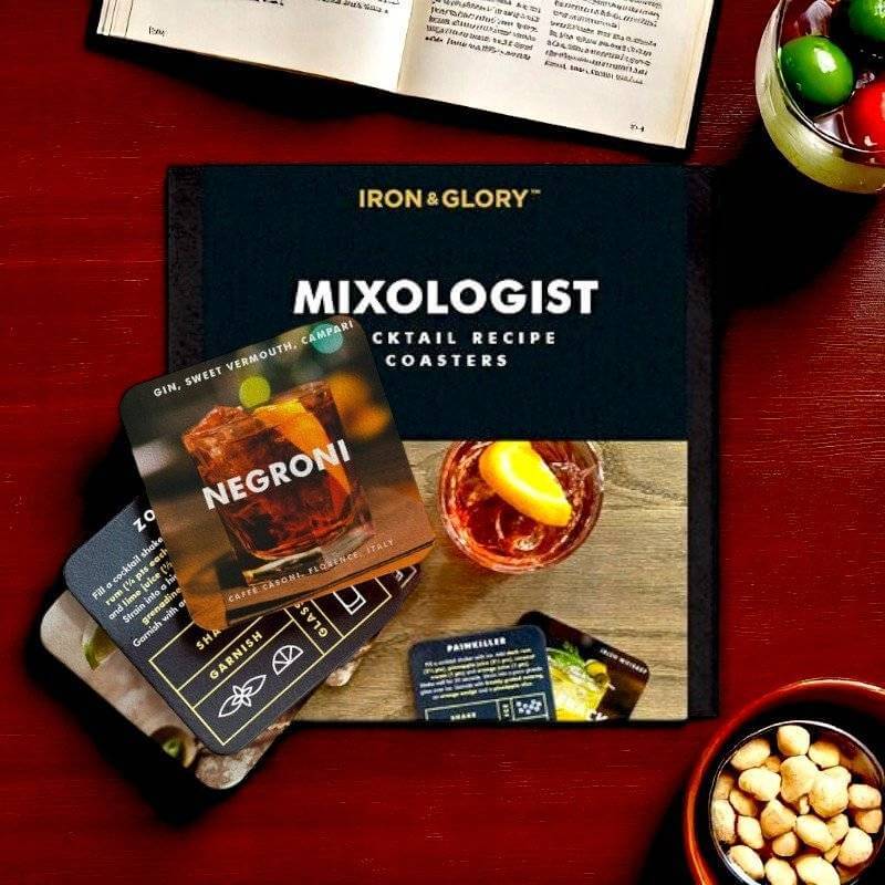Mixologist coaster set box with Negroni recipe cards and cocktail photo labels.