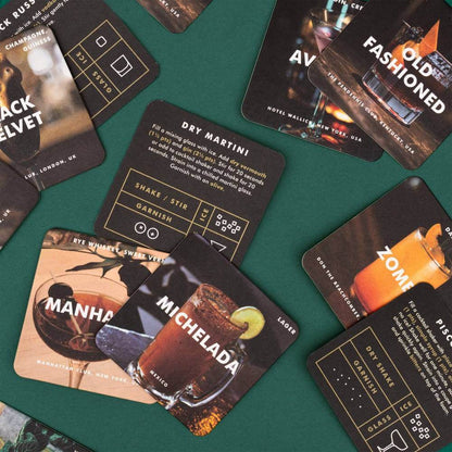 Cocktail recipe coasters with printed drink titles and step-by-step recipe icons.