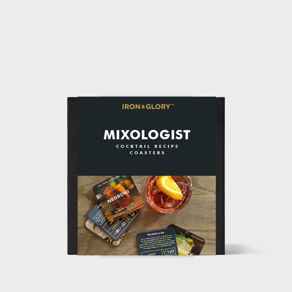 Mixologist cocktail recipe coaster set box with Negroni and drink photos on it.
