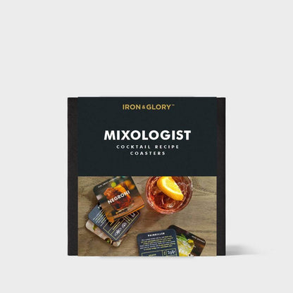 Mixologist cocktail recipe coaster set box with Negroni and drink photos on it.