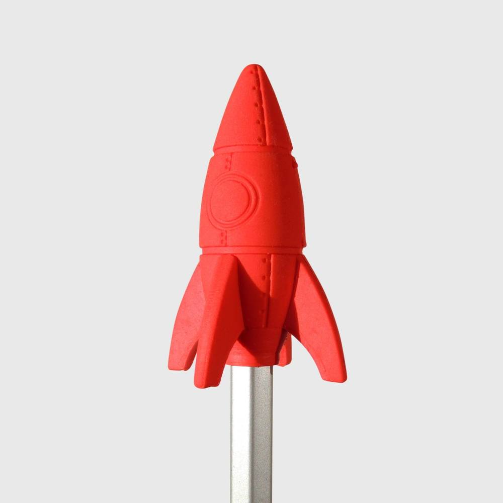 Red rocket eraser topper on gray pencil, rocket detail