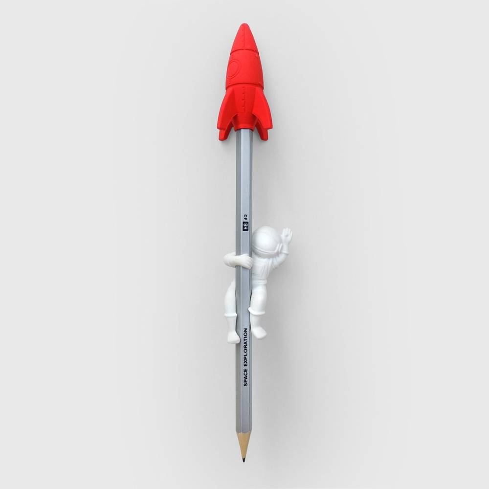 Rocket-shaped eraser pencil with white astronaut on gray body