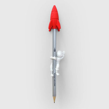 Rocket-shaped eraser pencil with white astronaut on gray body