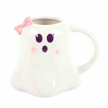 Ghost-shaped ceramic mug with pink bow, purple angry face, white body