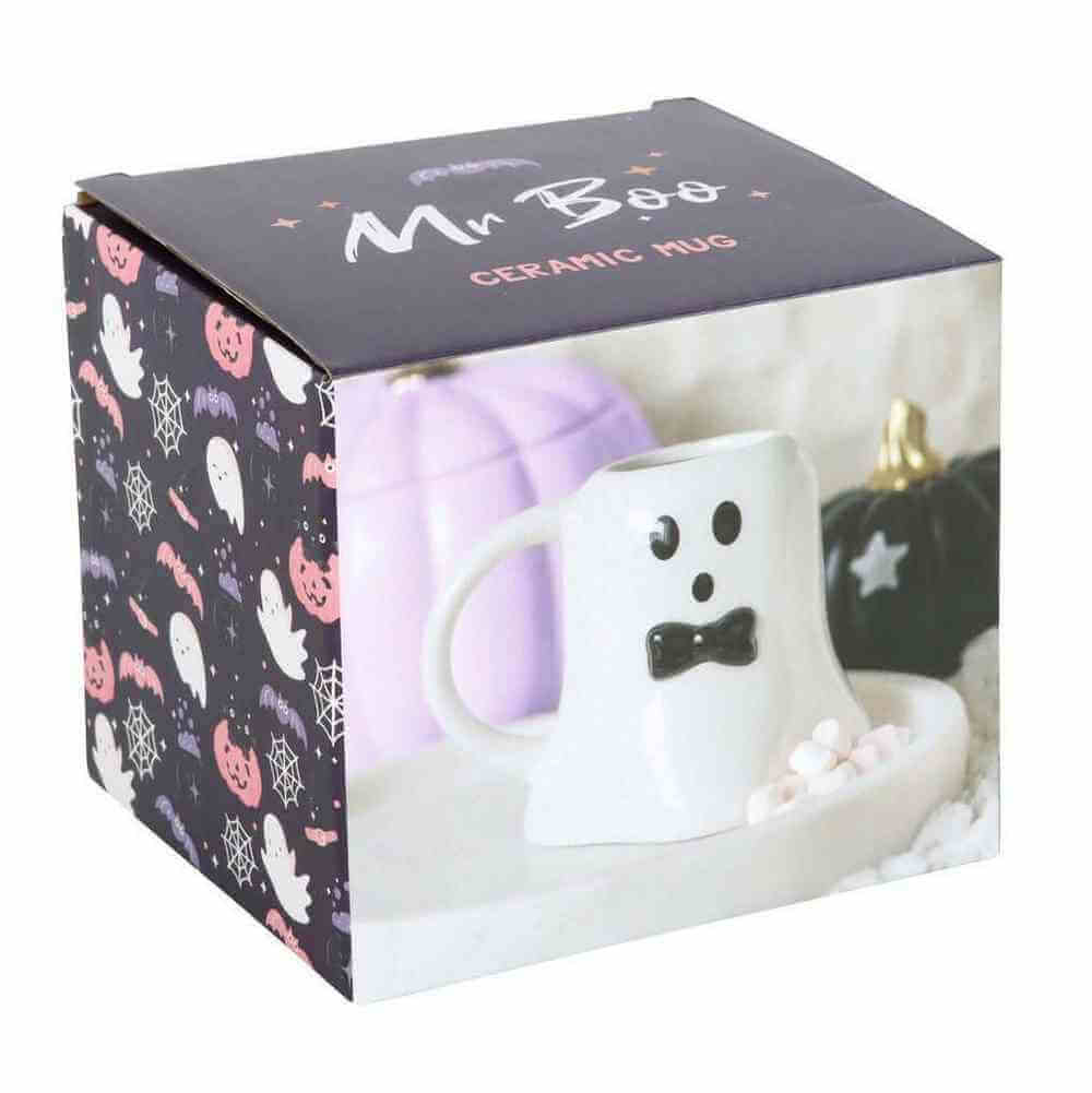 Ghost-shaped ceramic mug in gift box, 'Mr Boo' and black face