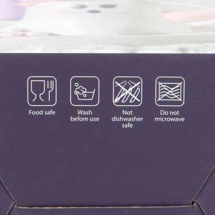 Mug box care icons: food safe, wash before use, not microwave safe