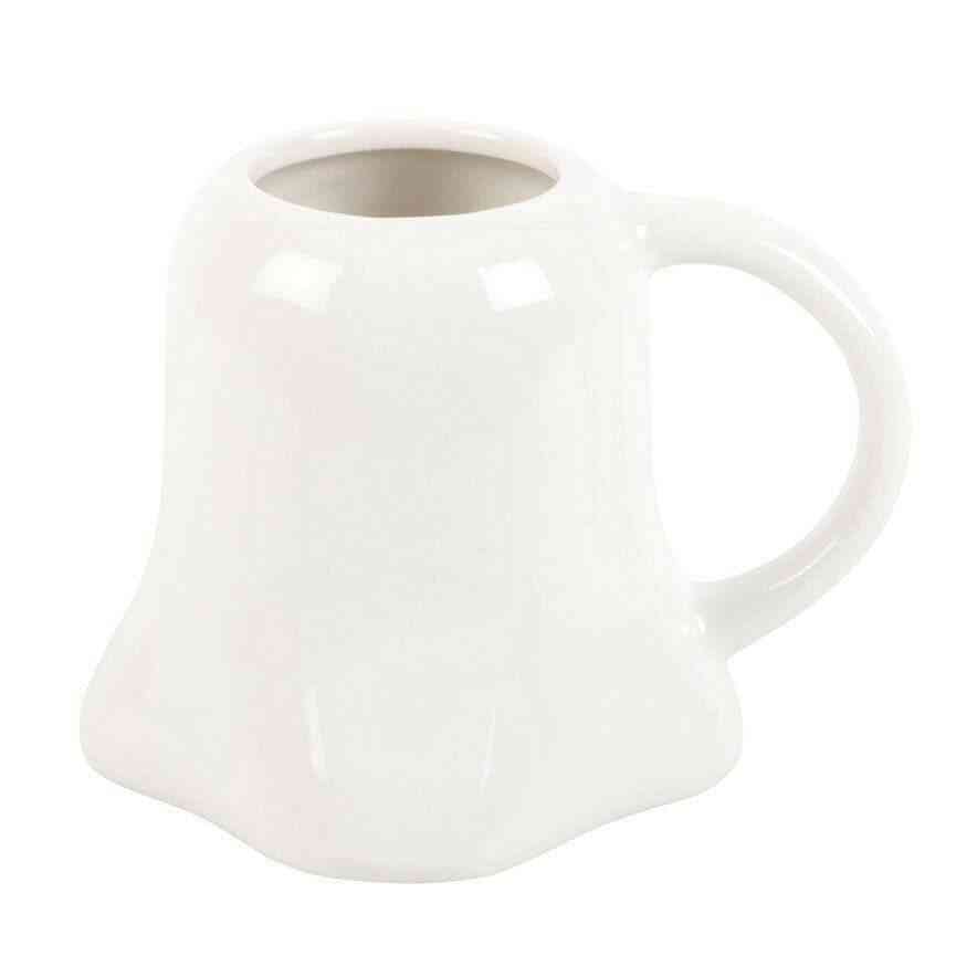Ghost-shaped ceramic mug, white, open top and side handle