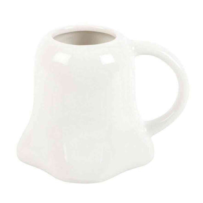 Ghost-shaped ceramic mug, white, open top and side handle