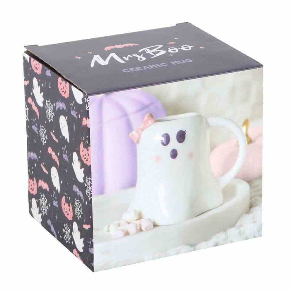 Ghost-shaped ceramic mug in gift box, 'Mr Boo' text on lid