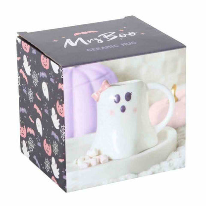 Ghost-shaped ceramic mug in gift box, 'Mr Boo' text on lid