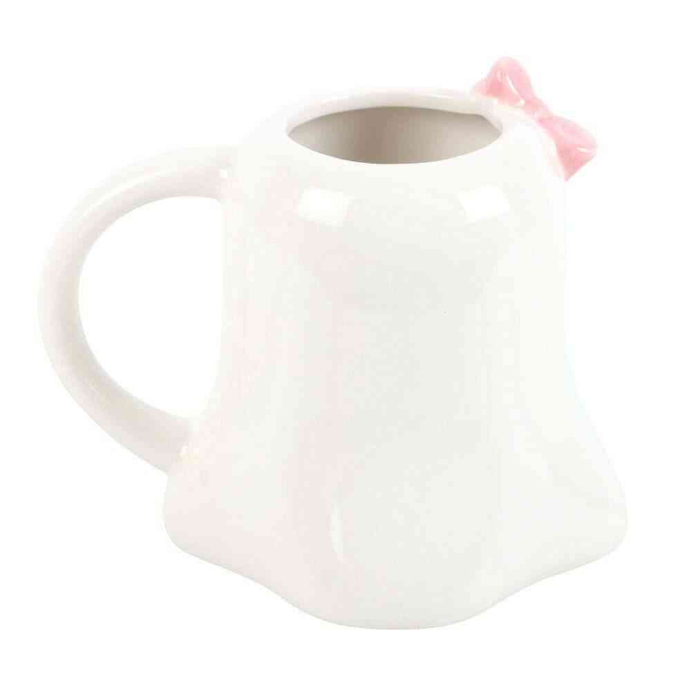 Ghost-shaped mug with pink bow ears, white ceramic body, handle visible