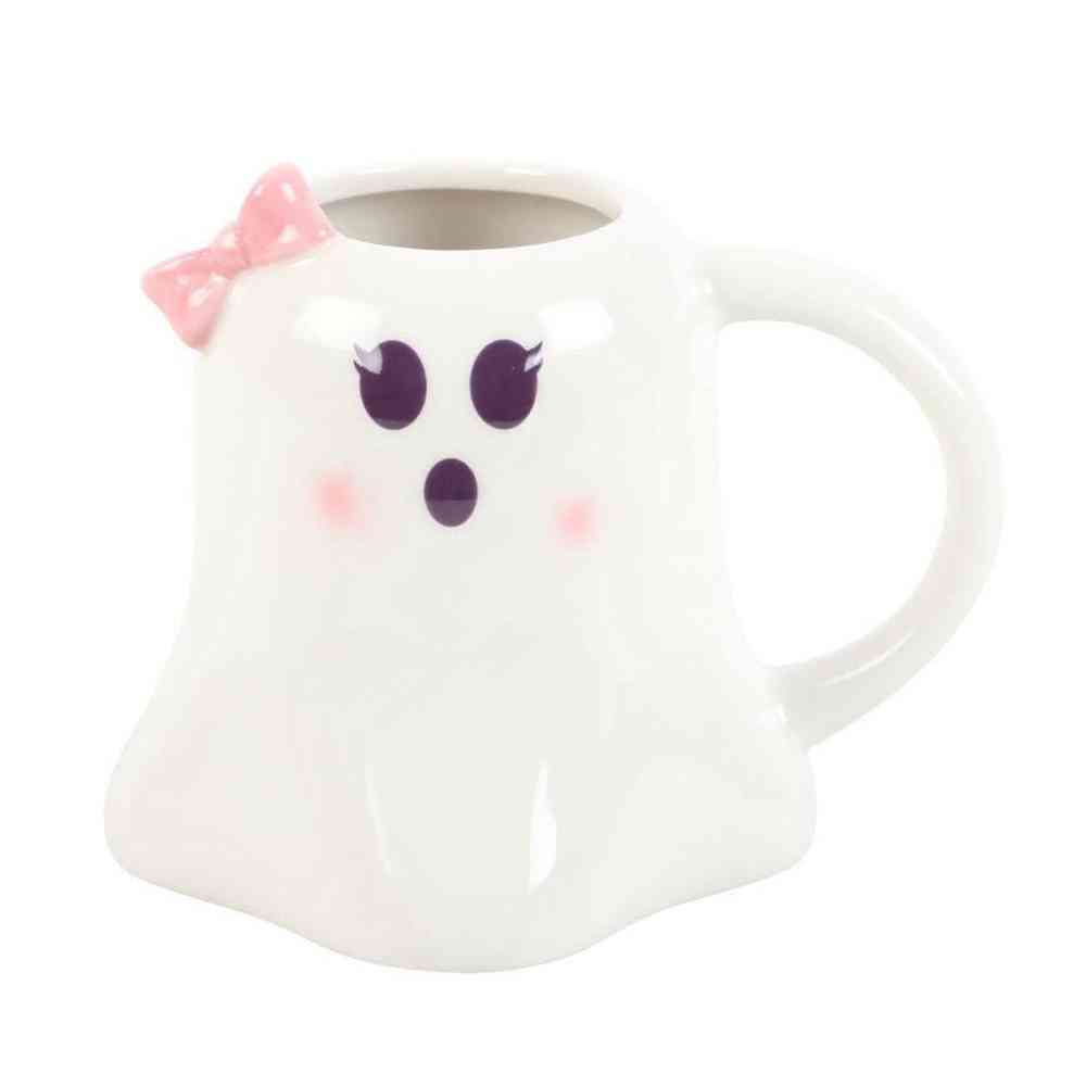Ghost-shaped ceramic mug, white with purple dot eyes and pink top bow