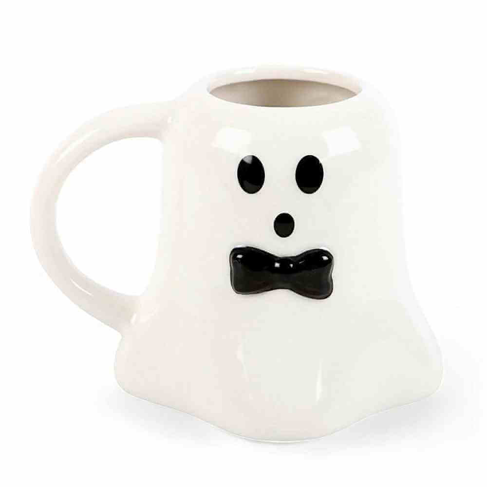 Ghost-shaped mug with black eyes, black frown mouth, white ceramic front view