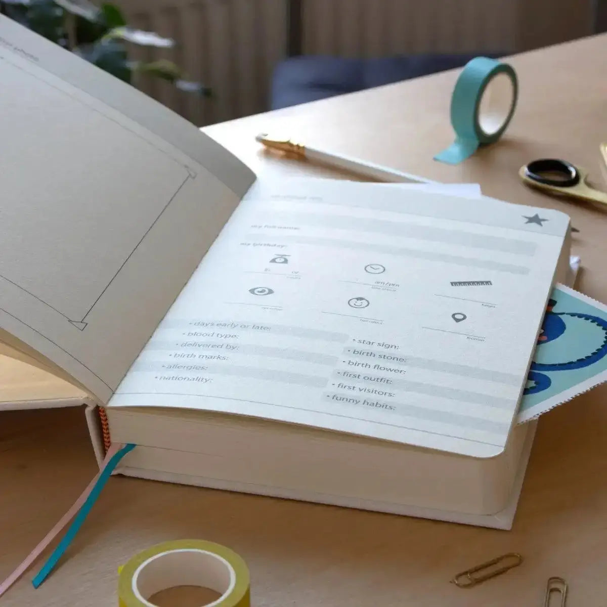 Baby years journal opened to printed pages with circular icons and checklist lines