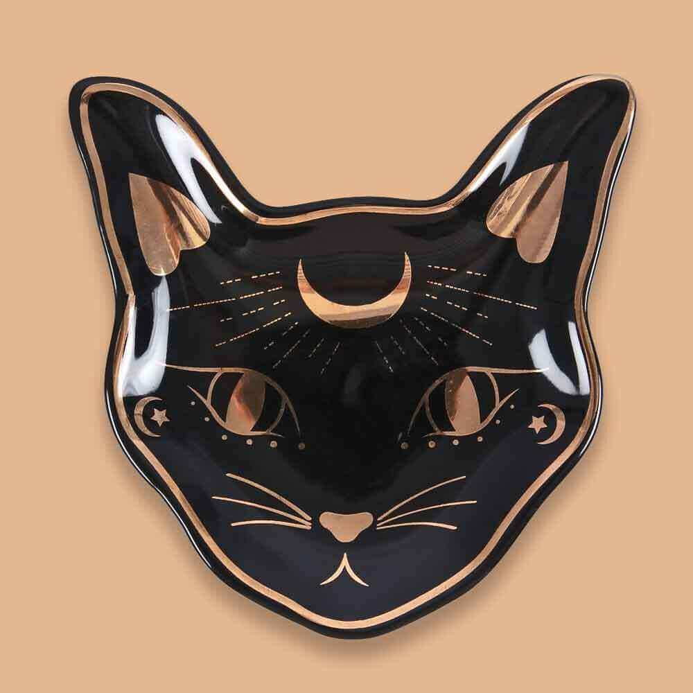 Mystic Mog Cat Face Trinket Dish Black With Gold Accent by Spirit of equinox