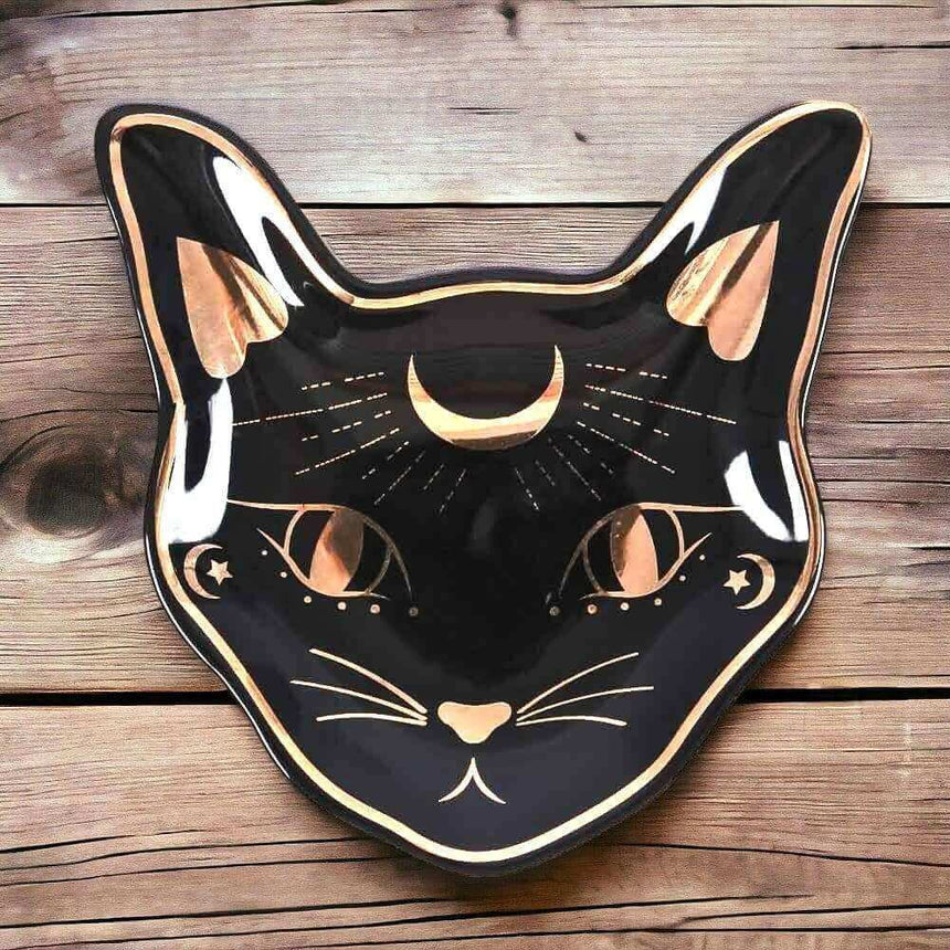 The Fashion Gift Shop: Mystic Mog Cat Face Trinket Dish Black With Gold Accent by Spirit of equinox, Jewellery Dish