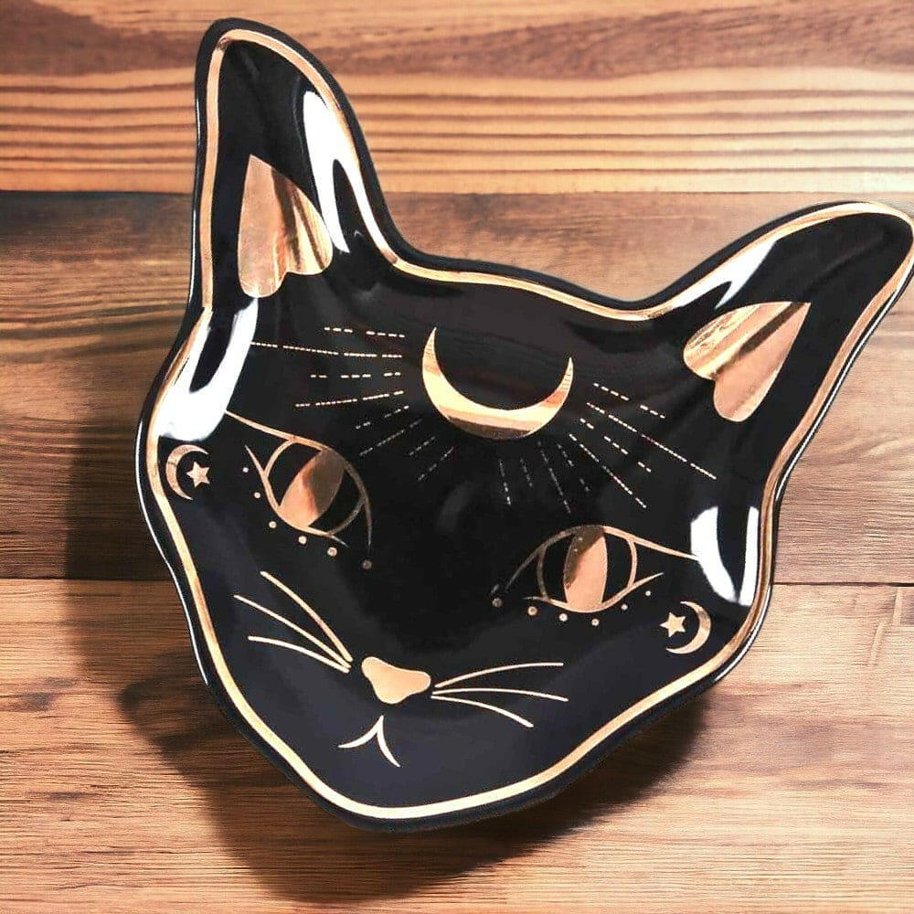 Mystic Mog Cat Face Trinket Dish Black with Gold Accent  Spirit of equinox  The Fashion Gift Shop .