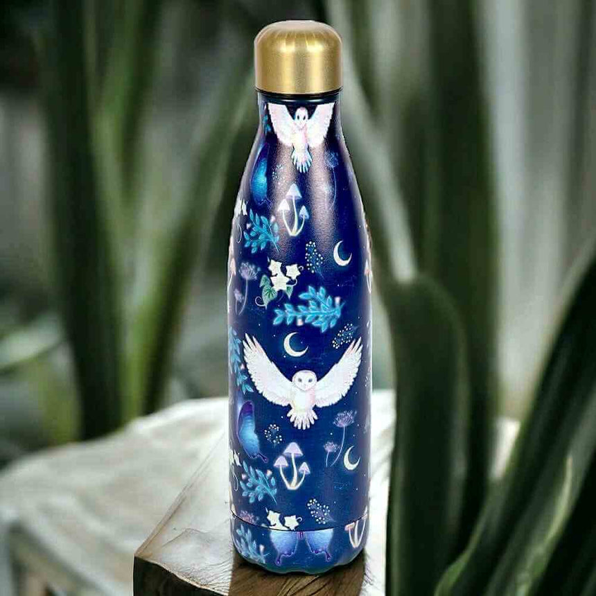 The Fashion Gift Shop: Night Flight Owl Print Metal Water Bottle for Stylish Hydration by Spirit of equinox, Water Bottles