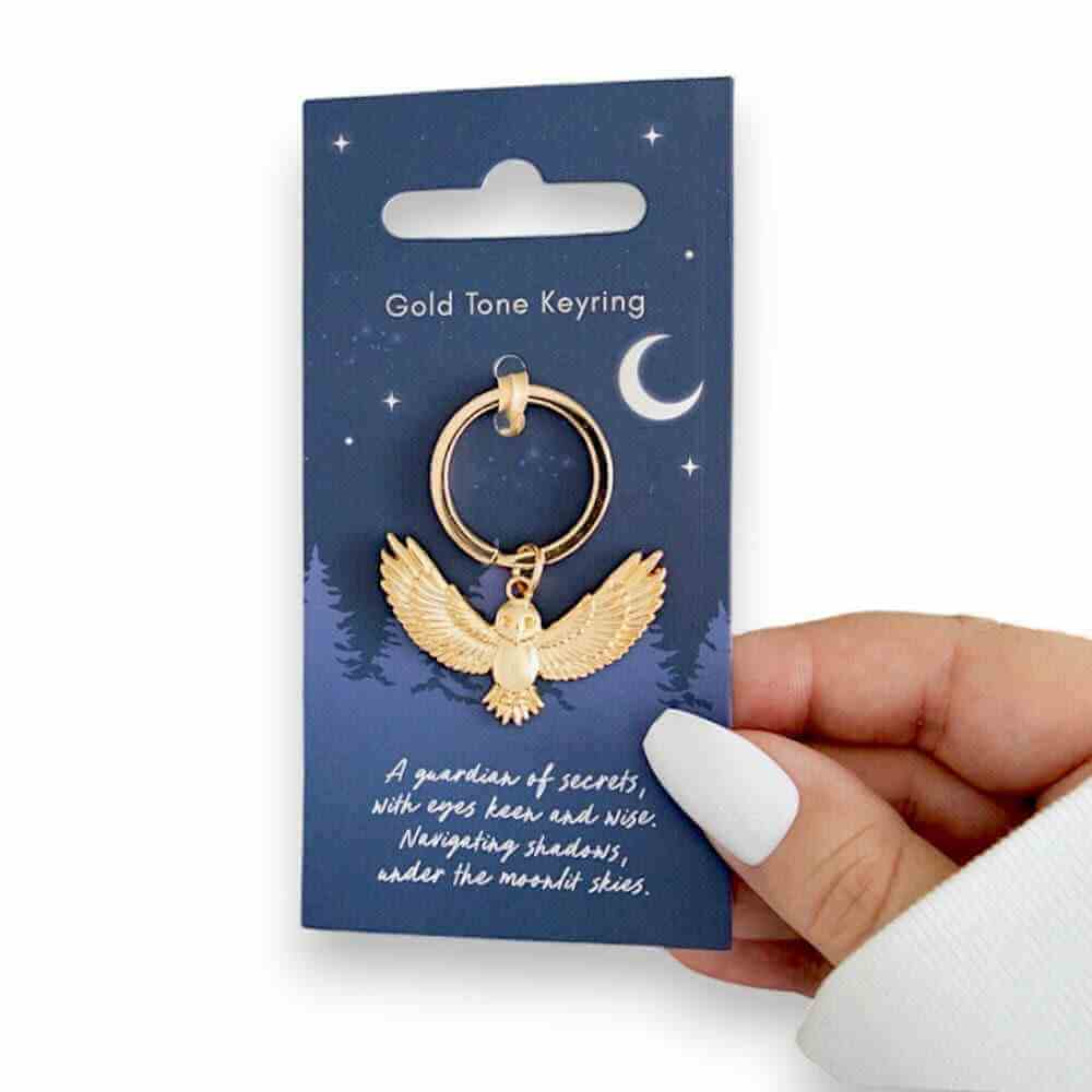 Night Owl Gold Tone Metal Keyring, Flying Owl Keychain by Jones Home & Gifts