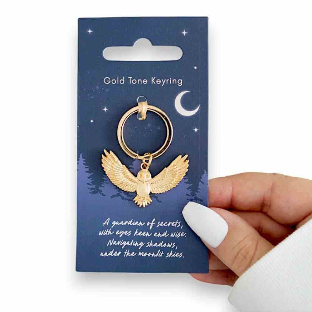 Night Owl Gold Tone Metal Keyring, Flying Owl Keychain by Jones Home & Gifts