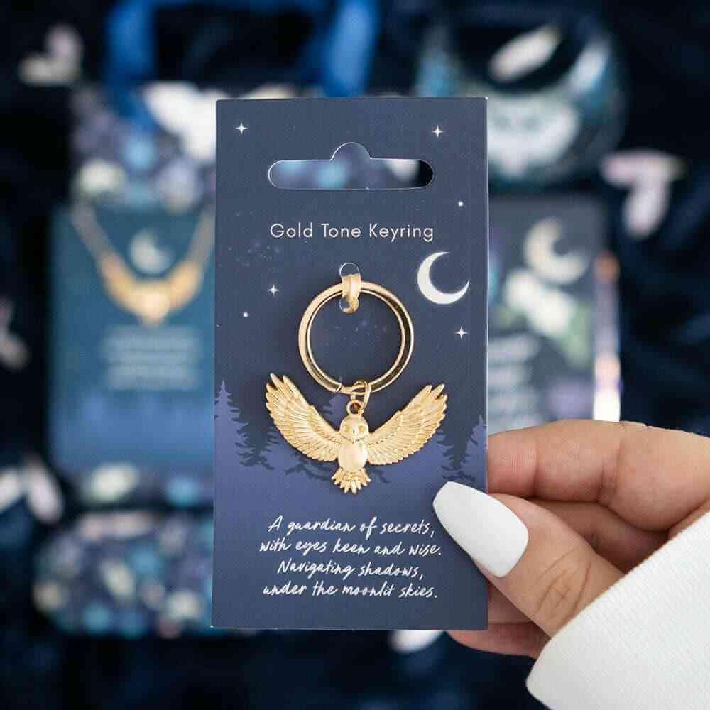 Night Owl Gold Tone Metal Keyring, Flying Owl Keychain by Jones Home & Gifts