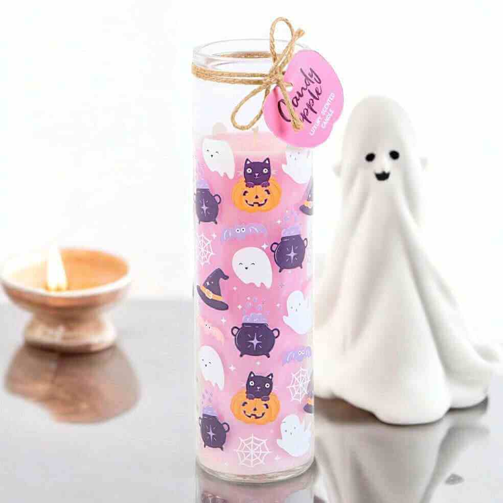 The Fashion Gift Shop: Pastel Halloween Candy Apple Tube Candle, Black Cat and Ghost Design by Temerity Jones London, Candles