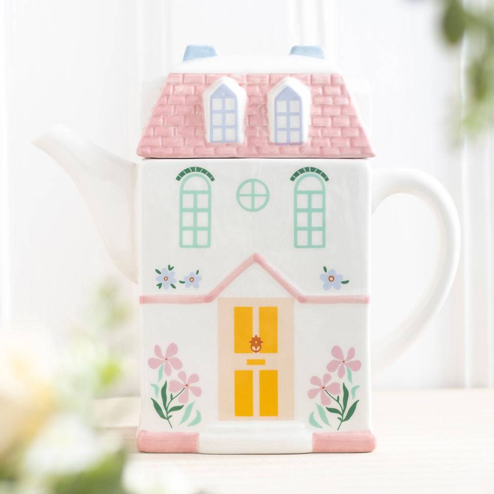 Pastel House Shaped Teapot, Storybook Cottage Design For Tea Lovers by Jones Home & Gifts