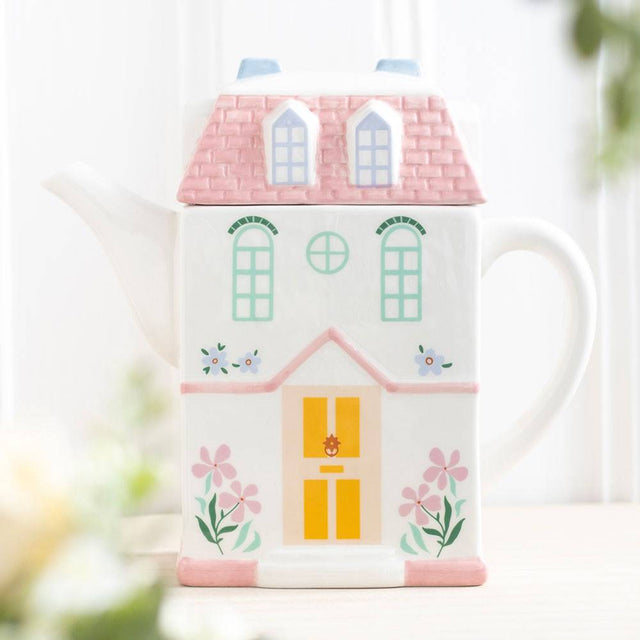 Pastel House Shaped Teapot, Storybook Cottage Design For Tea Lovers by Jones Home & Gifts