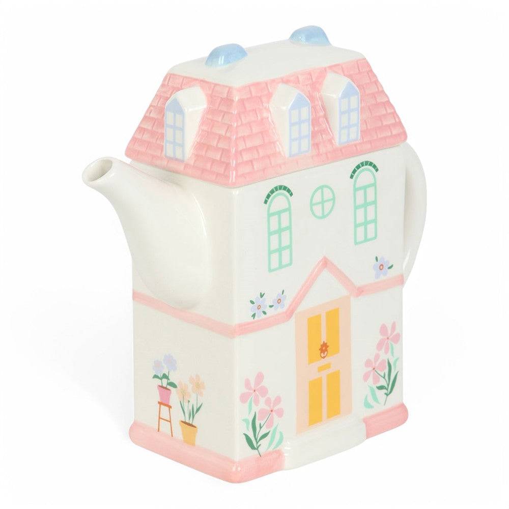 Pastel House Shaped Teapot, Storybook Cottage Design For Tea Lovers by Jones Home & Gifts