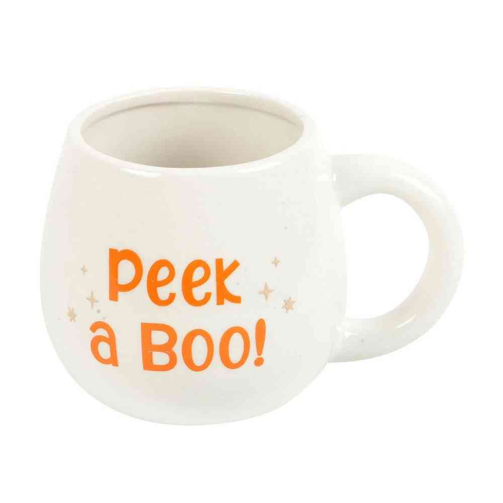 White ghost-themed mug with orange “Peek a BOO!” lettering on front