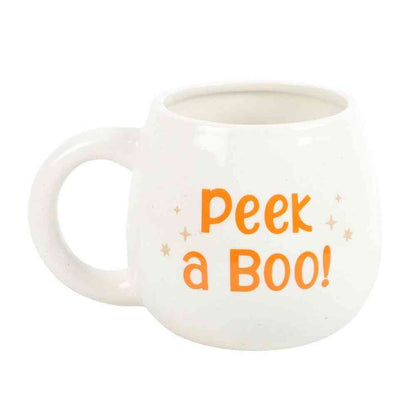 White rounded mug with orange “Peek a BOO!” lettering and left handle