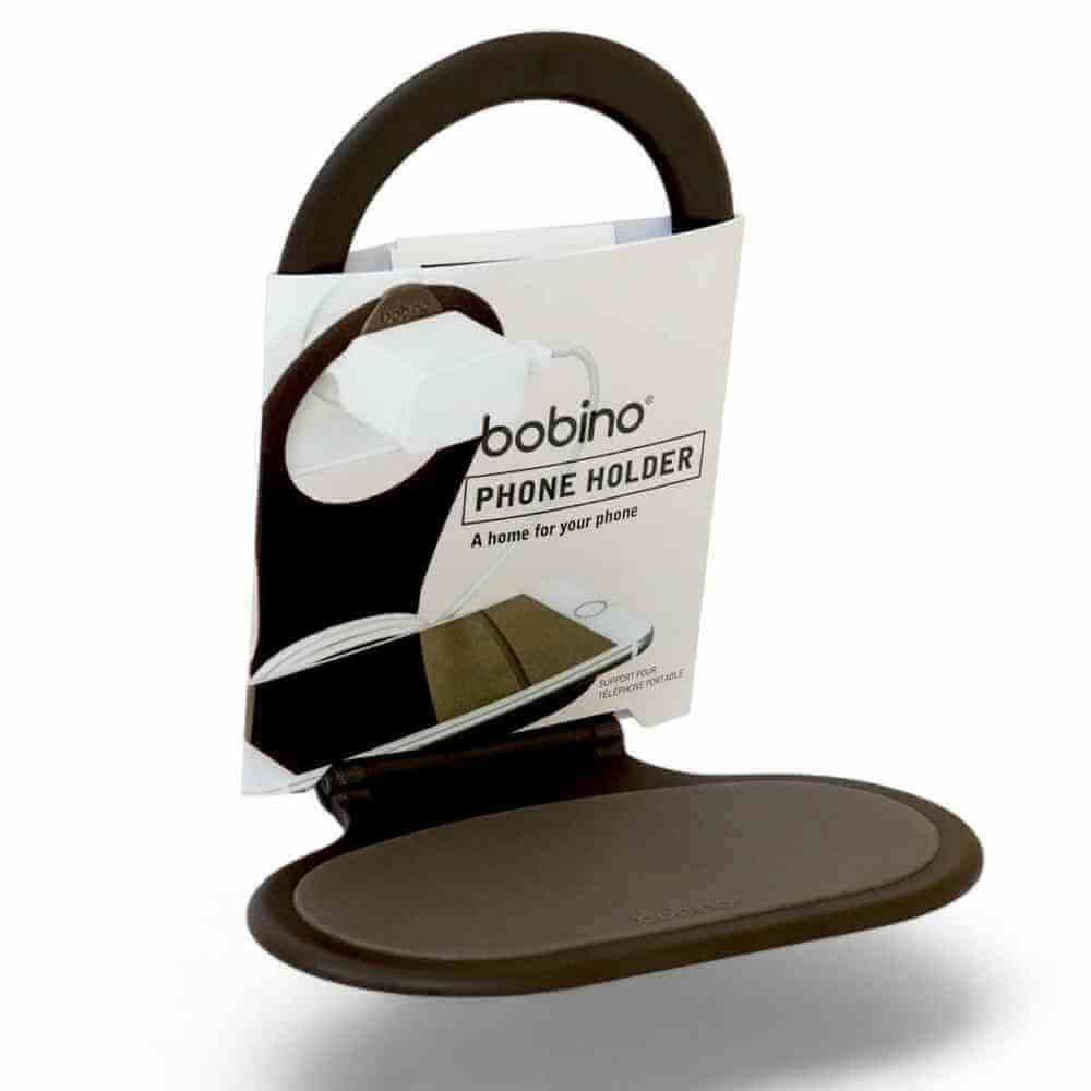 Phone holder with cable tidy retail box, dark pad and white packaging with handle