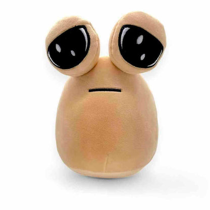Beige plush alien soft toy front view with big black eyes and horizontal mouth