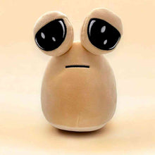 Beige plush alien soft toy with large black eyes and small frown mouth