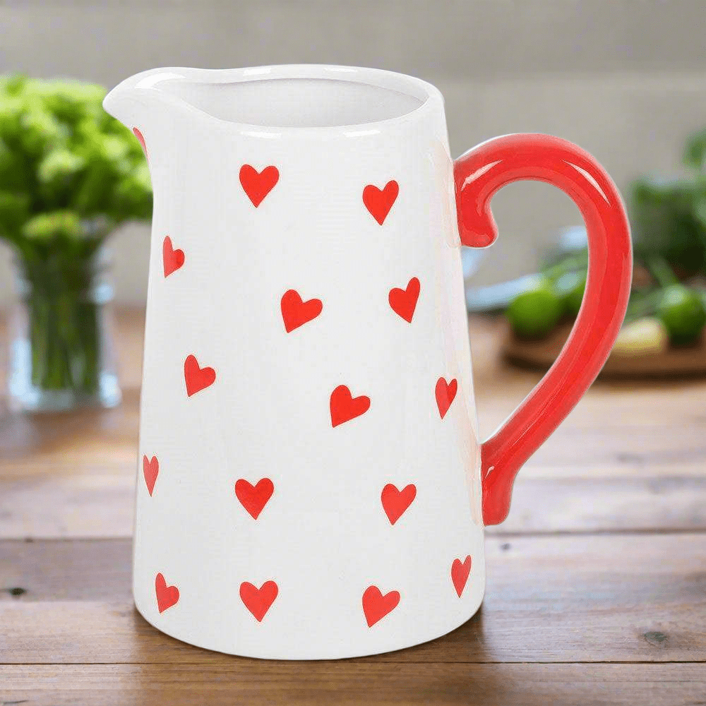Red Heart Print Ceramic White Flower Jug, Valentines Gift for Her - The Fashion Gift Shop by Jones Home & Gifts